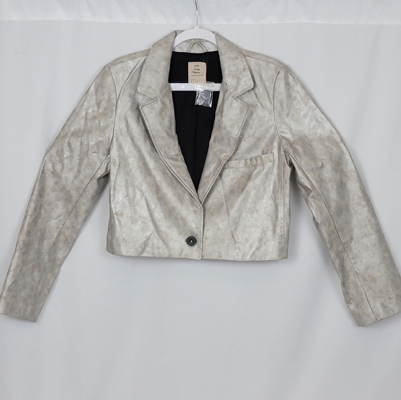 We The Free BOCK PARTY CROP BLAZER JACKET Silver Vegan Leather Womens Sz M New - Picture 1 of 11